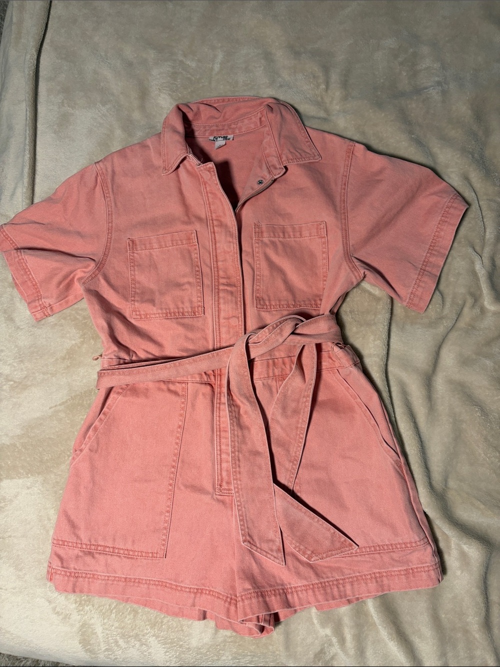 Utility Short-Sleeve Romper - Coral Pink